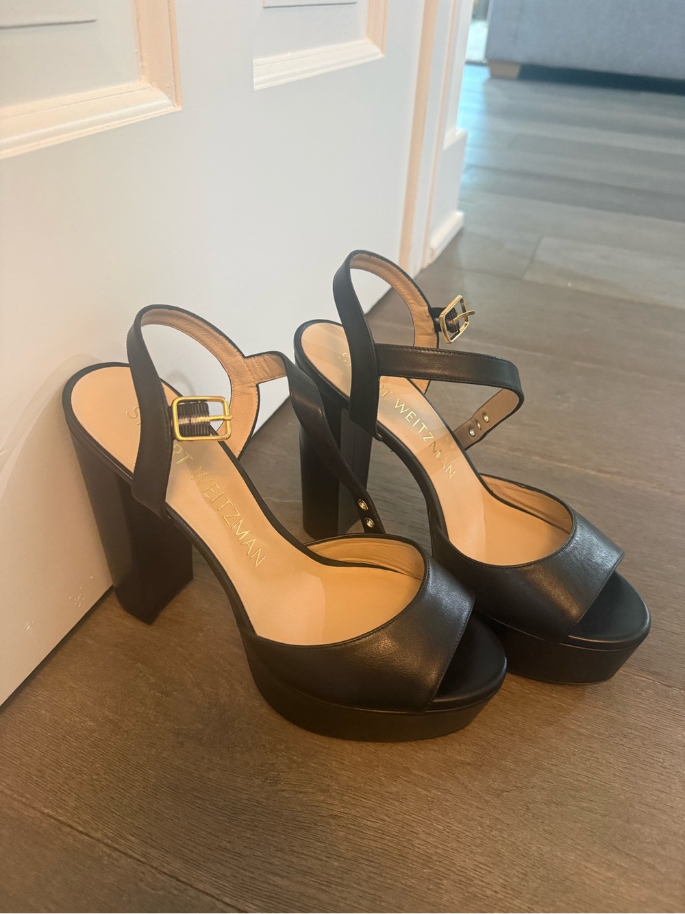 Stuart Weitzman Black Leather Platform Peep-Toe Sandals with Gold Buckle